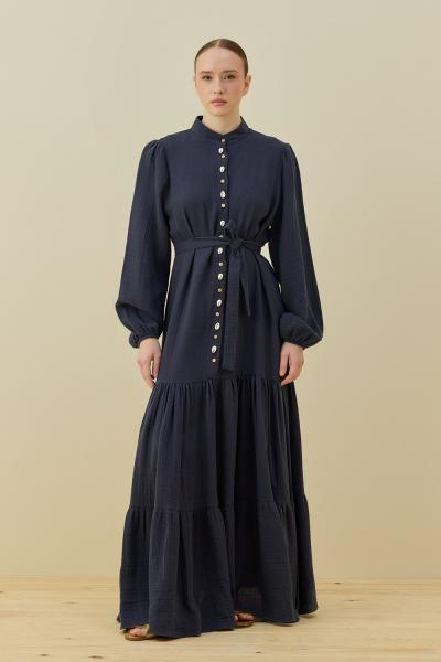 Organik Müslin Elbise-İndigo -MRW-1795