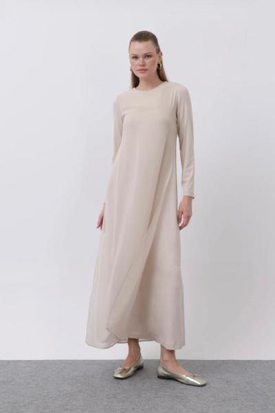 12447 Puanne şifon detaylı içi pamuk elbise Krem