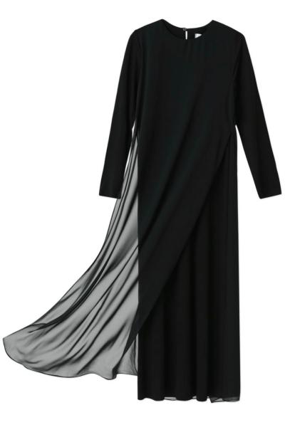 12447 Puanne şifon detaylı içi pamuk elbise Siyah