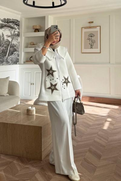 Bebe yakalı sweatshirt tunik ekru