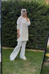 Broş detaylı Tunik ve pantolon Ekru