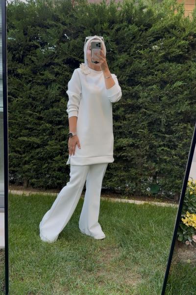 Broş detaylı Tunik ve pantolon Ekru