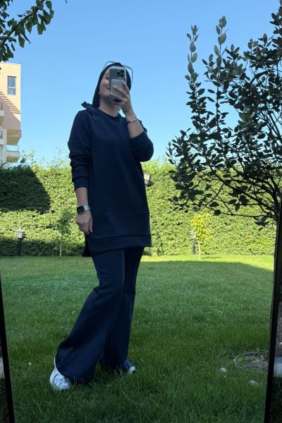 Broş detaylı Tunik ve pantolon lacivert