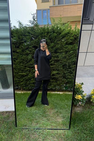 Broş detaylı Tunik ve pantolon siyah