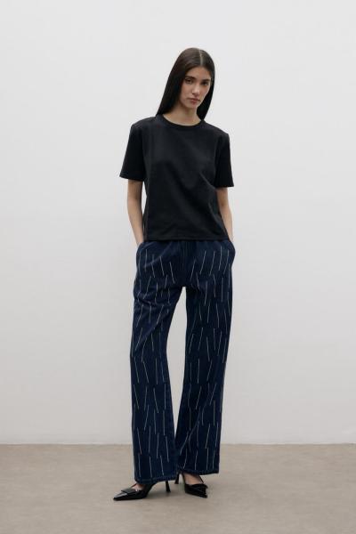 Detaylı Taş İşlemeli Beli Lastikli Denim Pantolon Lacivert