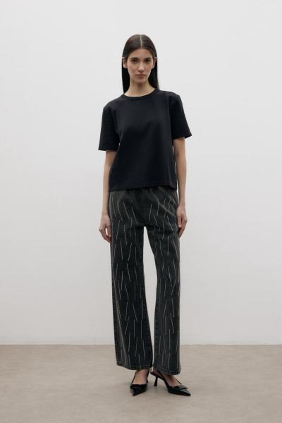 Detaylı Taş İşlemeli Beli Lastikli Denim Pantolon Siyah