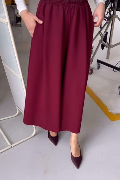 Double Krep Kumaşlı Geniş Paça Pantolon Bordo