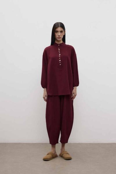 Düğme Detaylı Keten Takım Bordo
