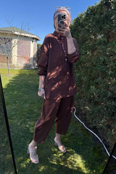 Düğme Detaylı Keten Takım Kahverengi