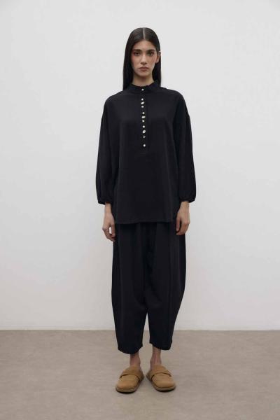 Düğme Detaylı Keten Takım Siyah