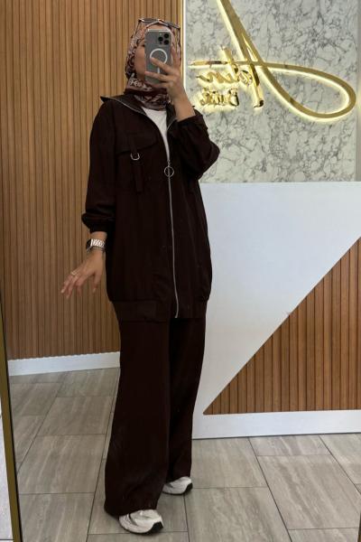 Fermuarlı krep takım kahverengi