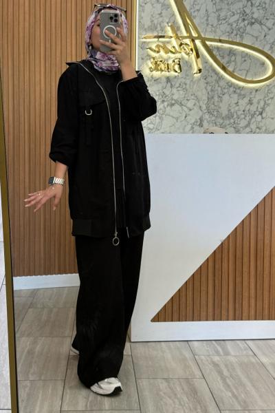 Fermuarlı krep takım siyah