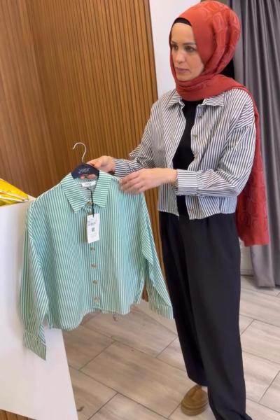 Merwishop çizgili gömlek yeşil