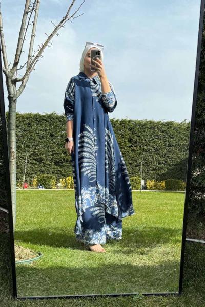 Palmiye Desenli Pamuk Takım İndigo