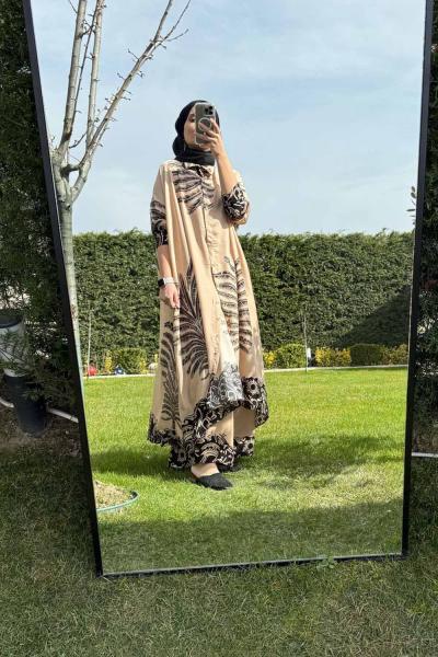 Palmiye Desenli Pamuk Takım Krem