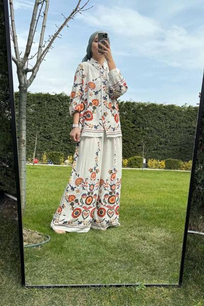 Pamuk Çiçek Desenli Takım Ekru