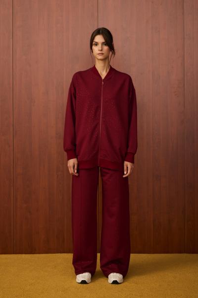 Pop Taşlı Pantolonlu Takım Bordo