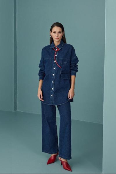 Puande Önden Düğmeli Kot Takım