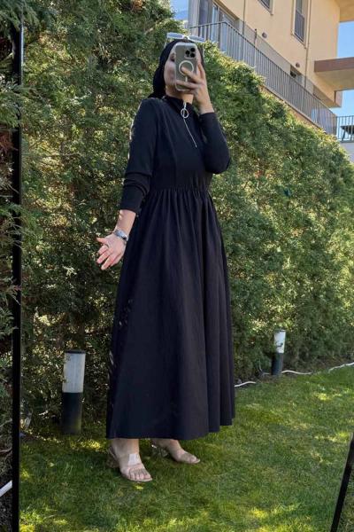 Puane Fermuar Detaylı Elbise Siyah