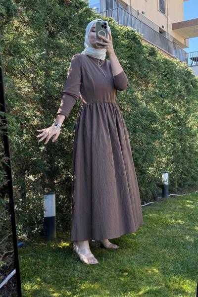 Puane Fermuar Detaylı Elbise Vizon