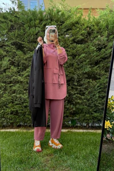 Puanne cep detaylı modal pamuk takım rose