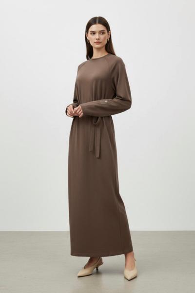 Puanne düğme detaylı elbise kahverengi