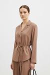 Puanne düğme detaylı ipek kupra takım kahverengi