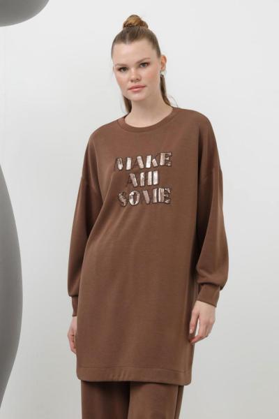 Puanne Pul payet detaylı takım kahverengi