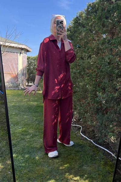 Şık ve Rahat Kuşaklı Keten Takım Bordo