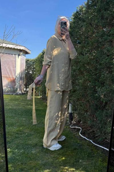 Şık ve Rahat Kuşaklı Keten Takım Hardal