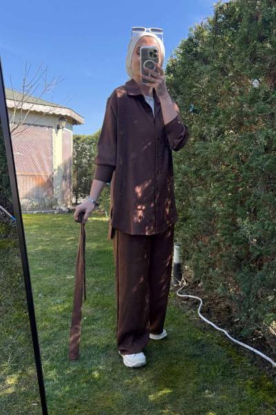 Şık ve Rahat Kuşaklı Keten Takım Kahverengi