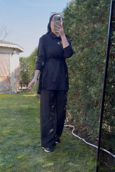 Şık ve Rahat Kuşaklı Keten Takım Siyah