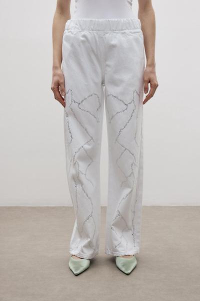 Taş İşlemeli Beli Lastikli Denim Pantolon Beyaz