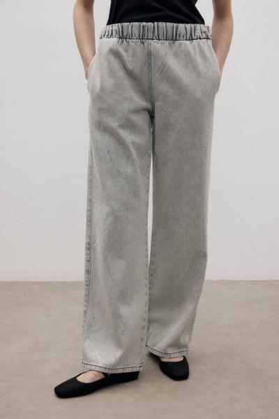 Taş İşlemeli Beli Lastikli Denim Pantolon Gri
